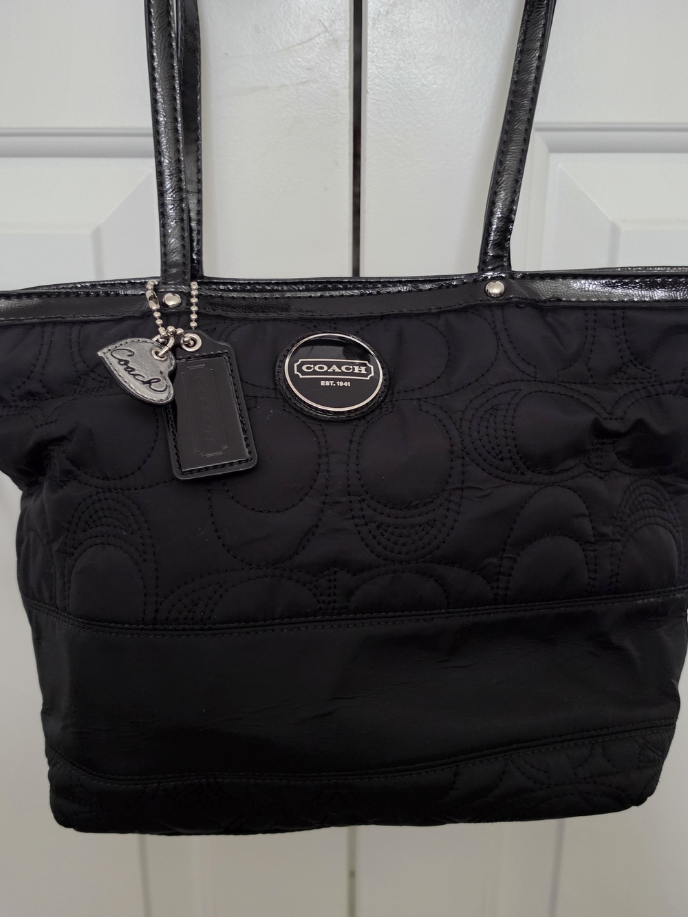 Coach Black Quilted Logo Tote with Silver Charm